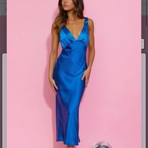 Hello Molly Electric Blue Satin Midi Slip Dress